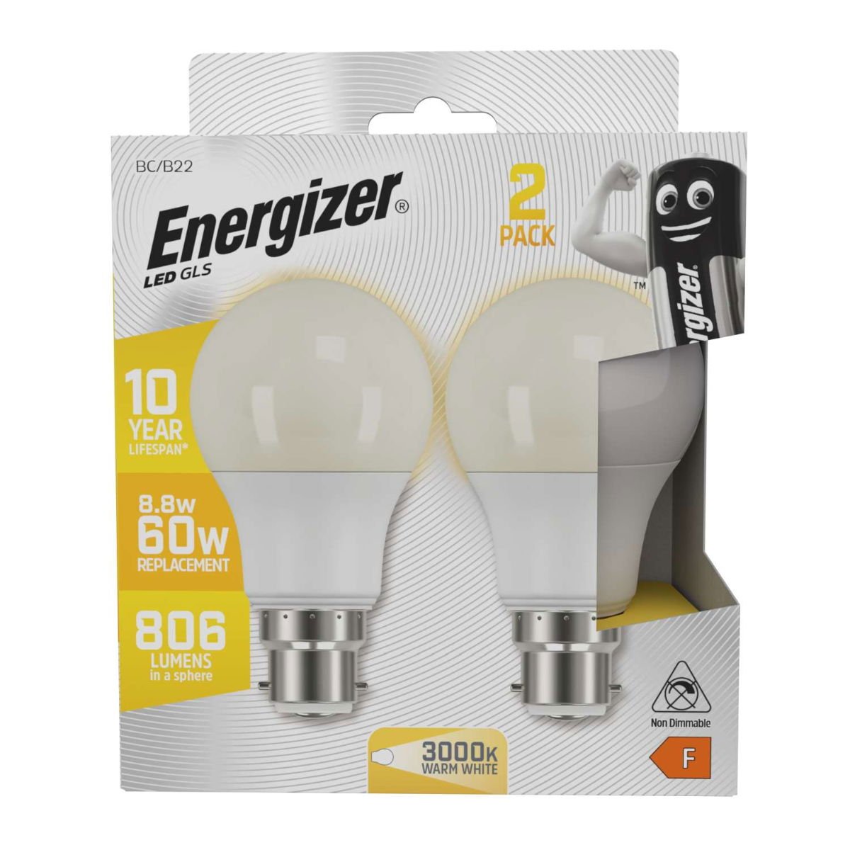 ENERGIZER LED 8.2W (60W) B22 GLS 2PACK 860 LUMENS