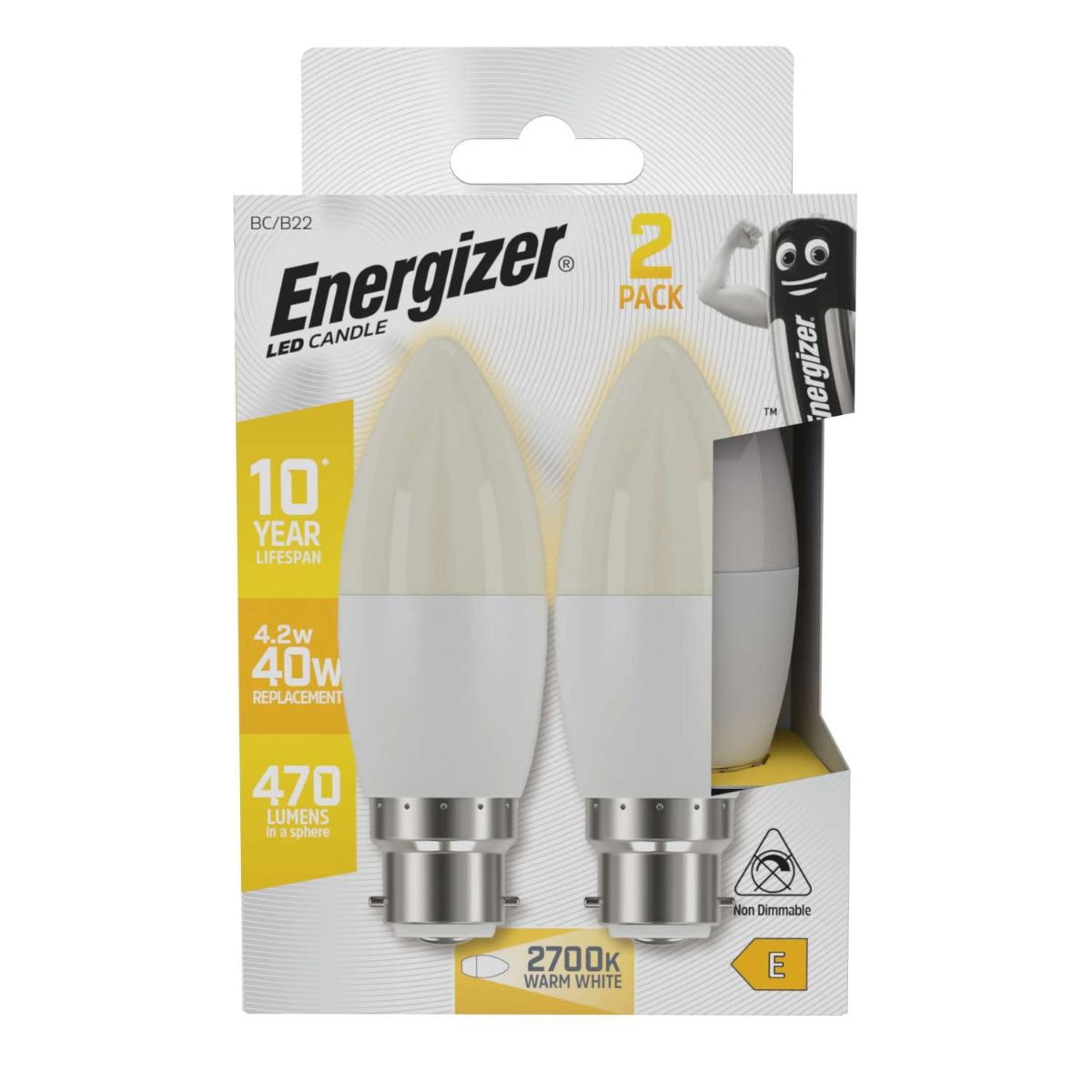 ENERGIZER LED 5.2W (40W) B22 CANDLE 2PACK 470 LUMENS